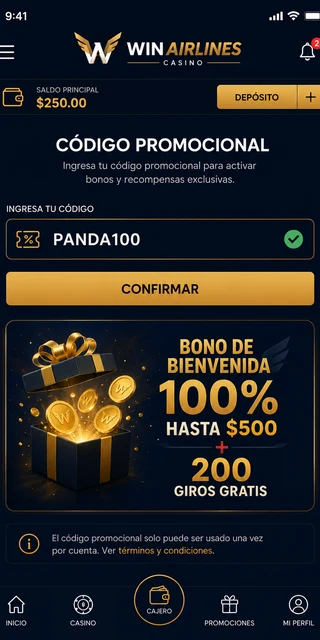 Campo de código promocional PANDA100 en la caja de Winairlines
