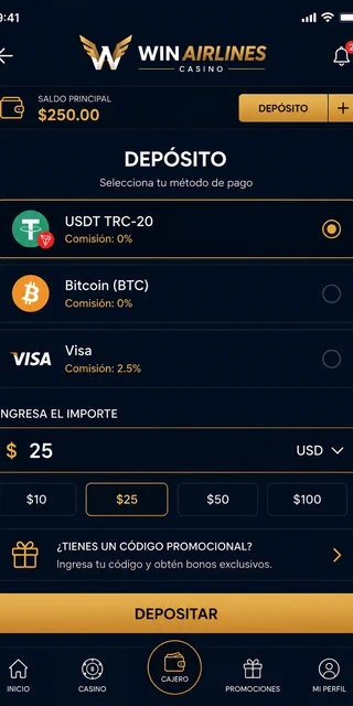 Pantalla de depósito USDT TRC-20 en Winairlines con dirección TRON única