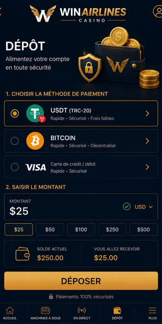 Écran de dépôt USDT TRC-20 chez Winairlines, adresse TRON unique