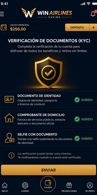 Pantalla de subida de documentos KYC en el área de cuenta de Winairlines