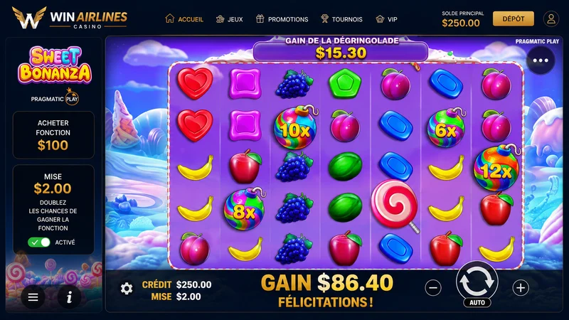 Fin de session de 90 tours sur Sweet Bonanza chez Winairlines