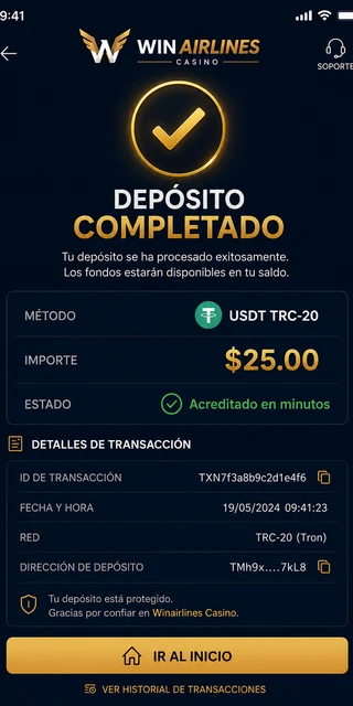 Confirmación de depósito $25 USDT TRC-20 en la caja de Winairlines
