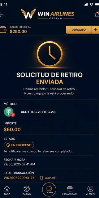 Solicitud de retiro $60 USDT TRC-20 en Winairlines