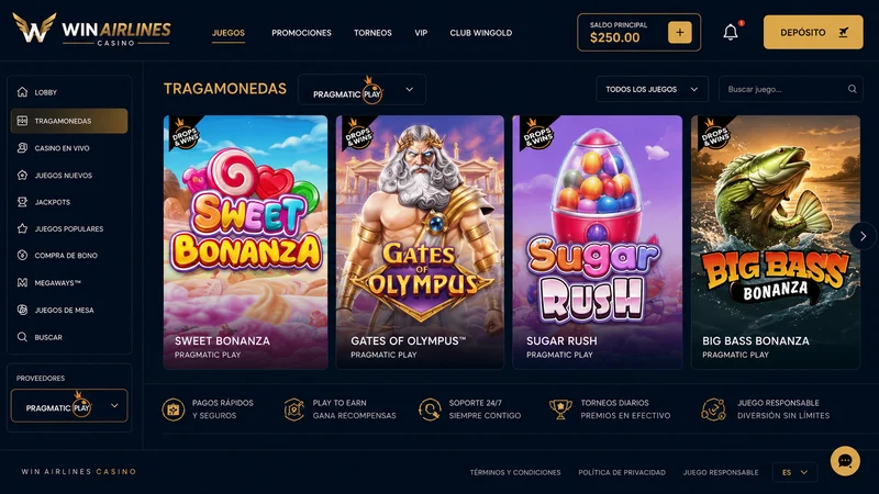 Selección de tragamonedas Pragmatic Play disponibles en Winairlines para jugadores LATAM